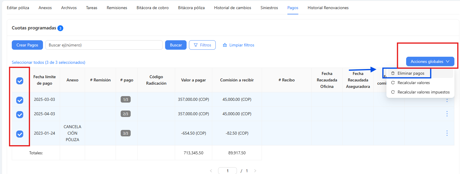 Eliminar pagos desde acciones globales