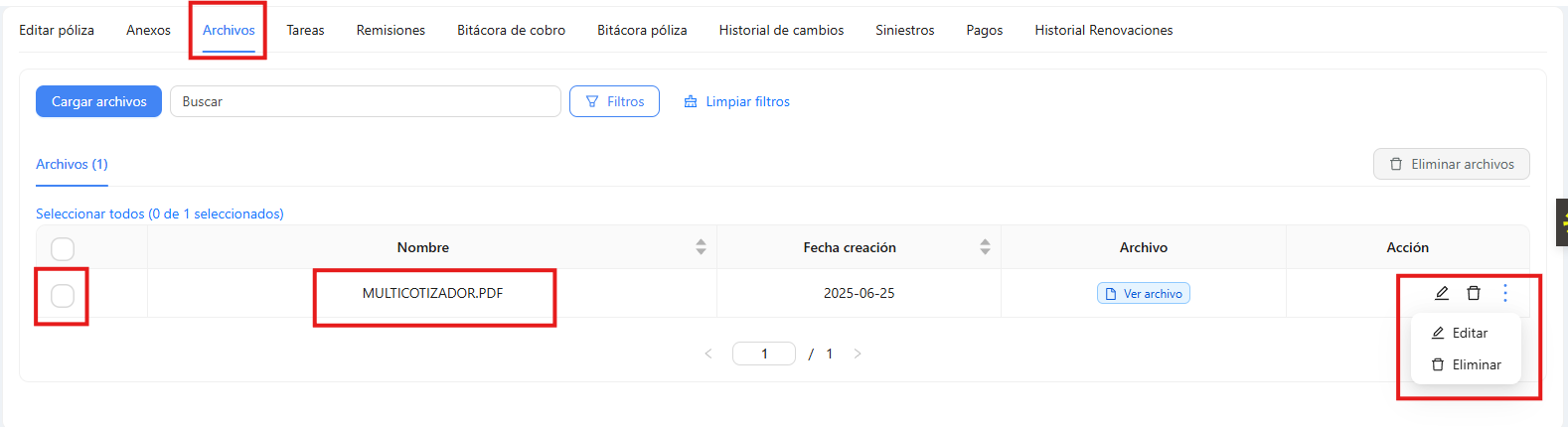 Eliminar un archivo de la póliza