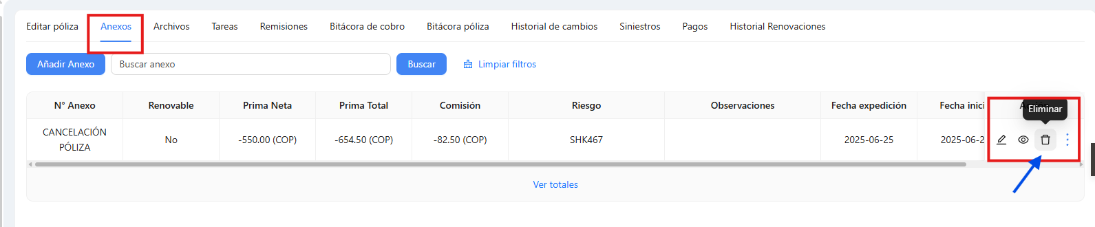 Eliminar un anexo de la póliza