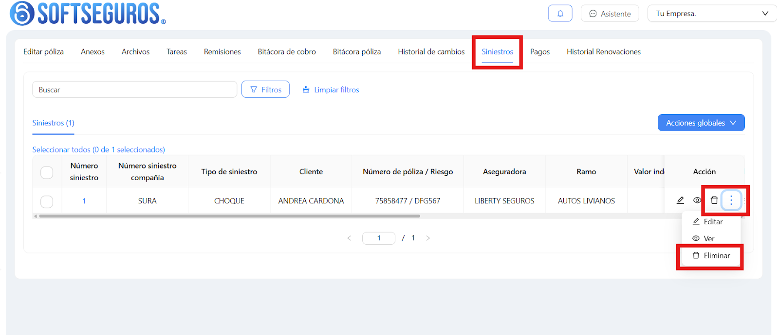 Eliminar un siniestro de la póliza