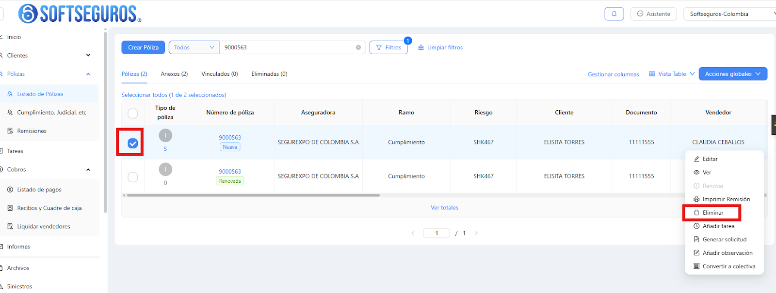 Eliminar la póliza desde el menú de tres puntos