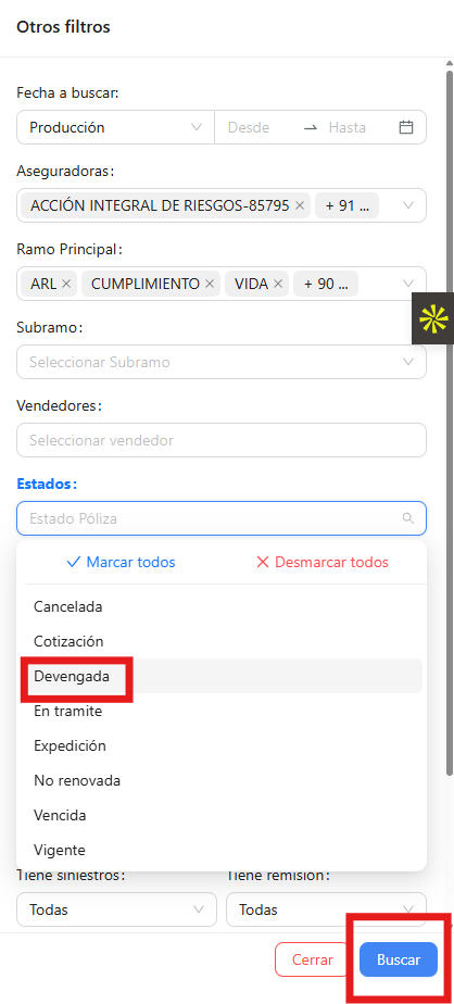 Filtrar pólizas en estado devengada