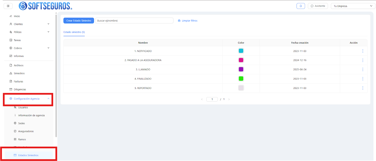 Estado siniestros en configuración de agencia