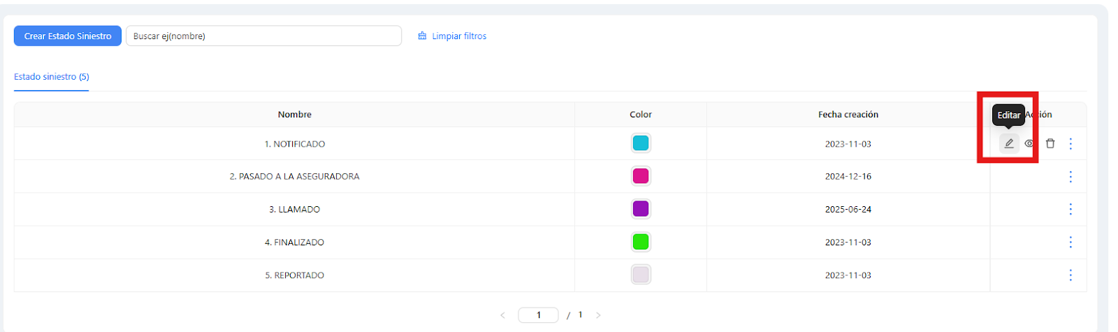 Crear, editar y eliminar estados de siniestros