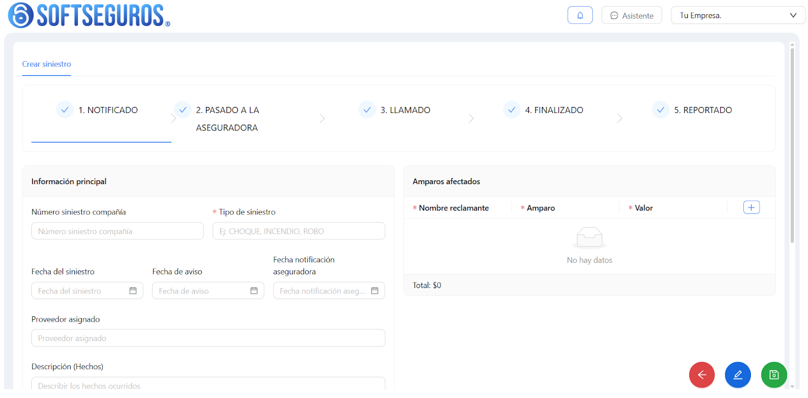 Formulario para crear un siniestro