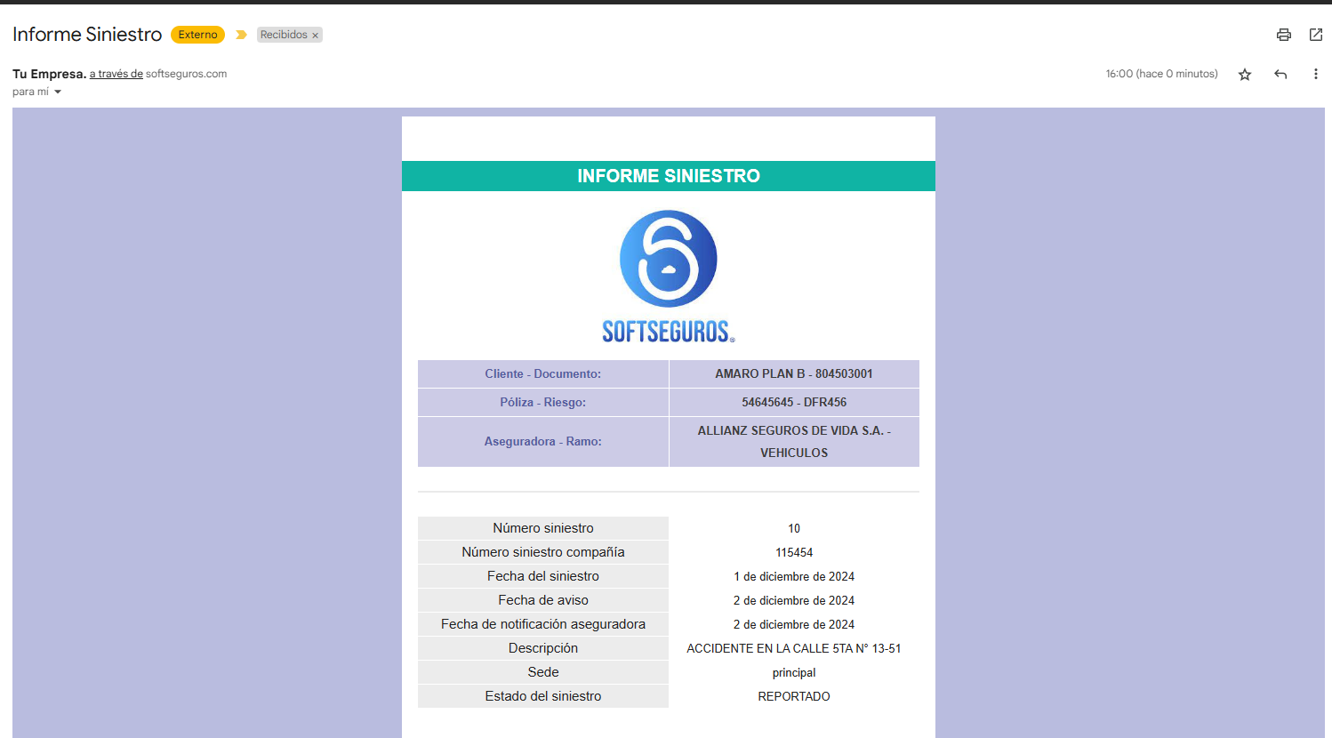 Destinatarios del correo del siniestro